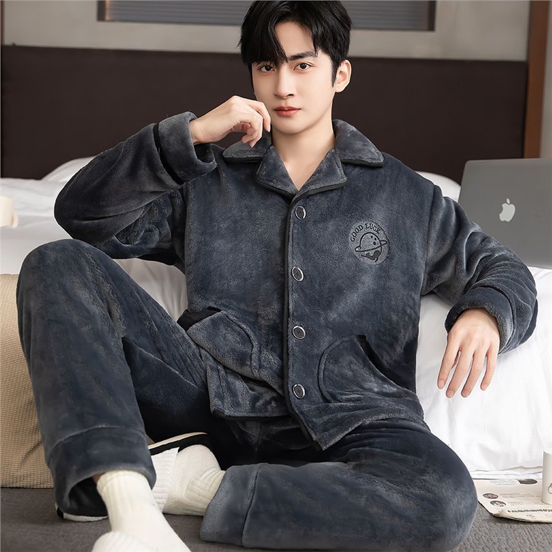 Pijama de invierno para hombres engrosado conjunto de franela de coral de mediana edad ropa para el hogar de lana