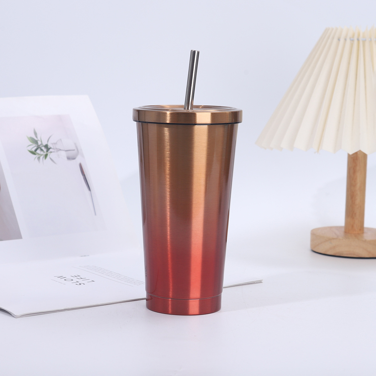 Creativo café degradado 304 taza de vacío de acero inoxidable taza de hielo de gran capacidad taza de paja para exteriores