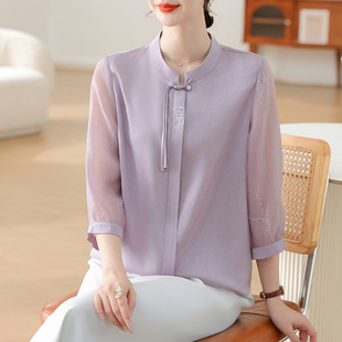 Mother's Summer Dress New Chinese Style Western Style T-Shirt Middle-aged Women's 40-year-old 50-year-old Fashion Embroidered Chiffon Shirt Top