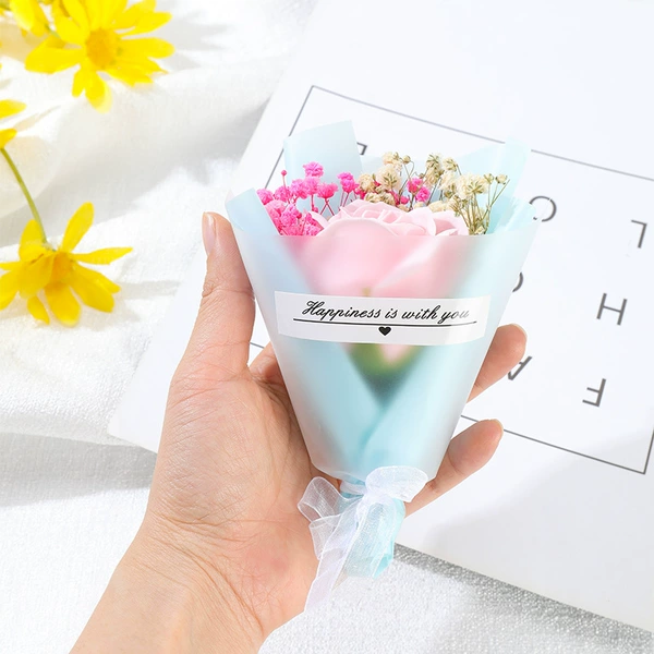 Pink rose soap flower + pink and white + blue paper + foggy paper