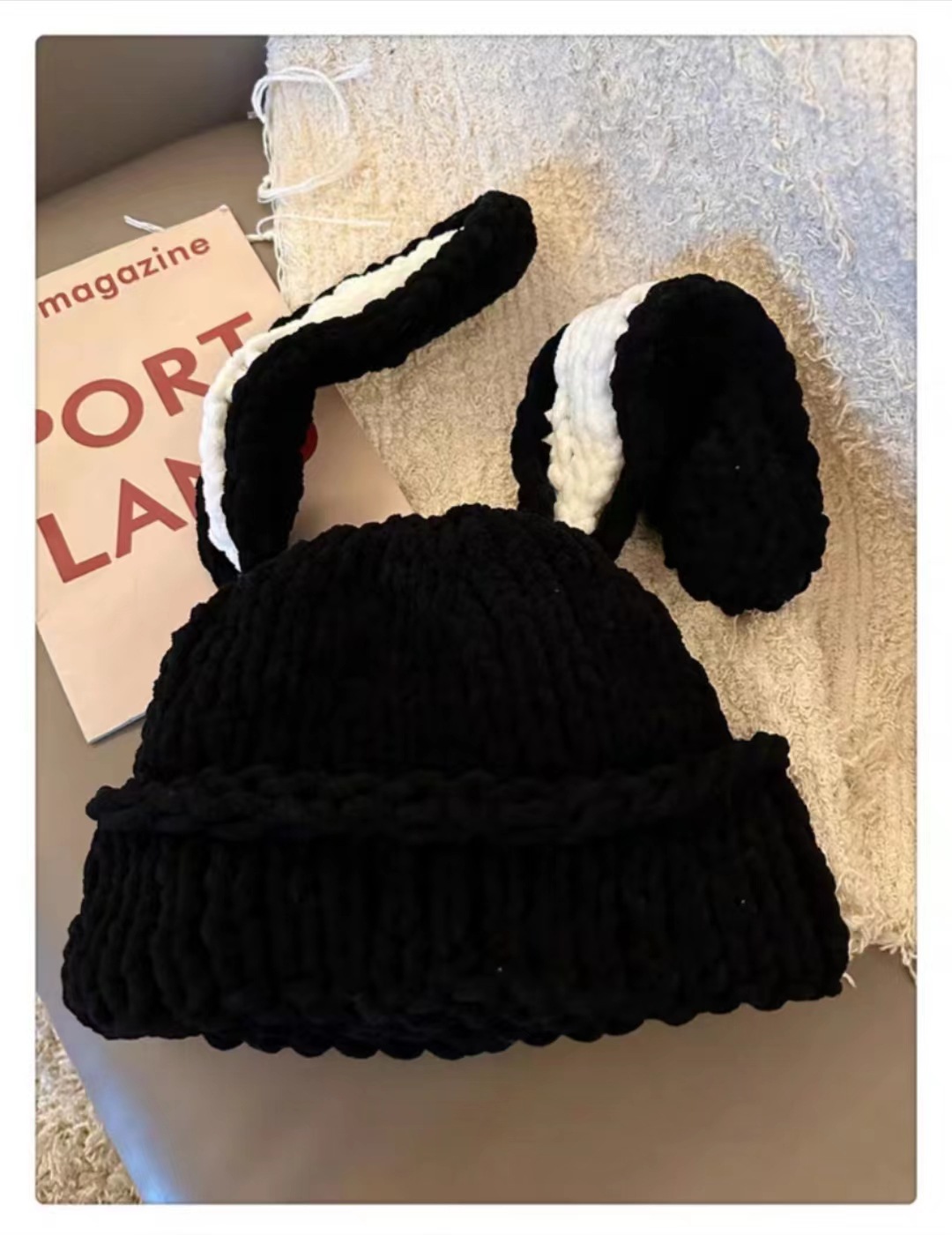 Nouveau dessin animé oreilles de lapin mignonnes et douces chapeau tricoté à la main avec du fil de laine pour la chaleur polyvalente et le visage des enfants mettant en valeur un petit chapeau en laine_voghion.com