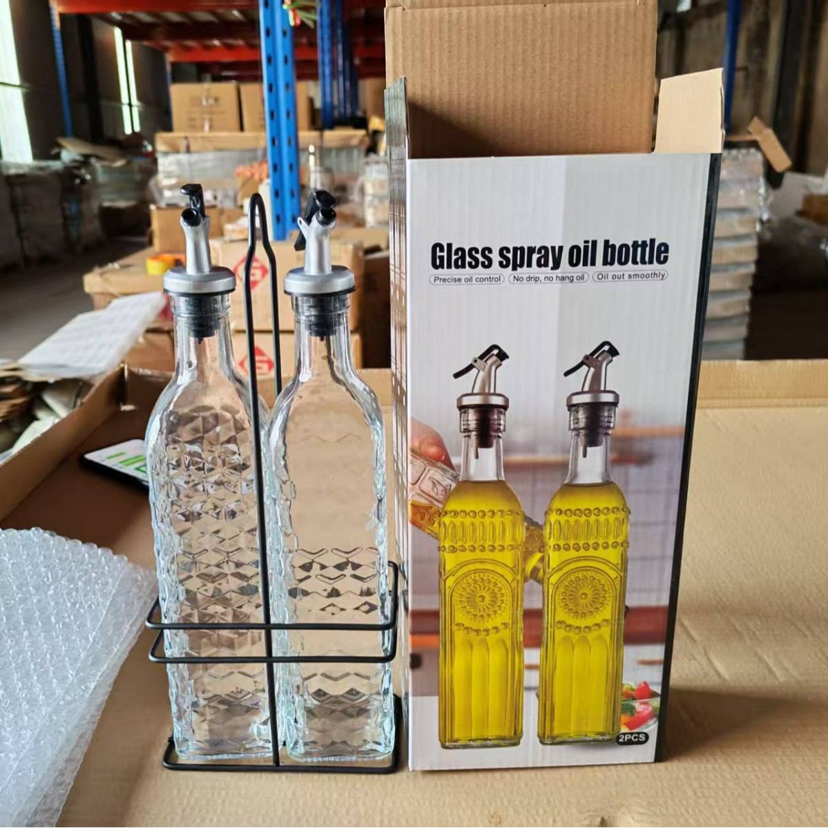 Botella de aceite de vidrio cuadrada a prueba de fugas de cocina grande botella de aceite de vinagre botella de vino botella de spray con marco de hierro