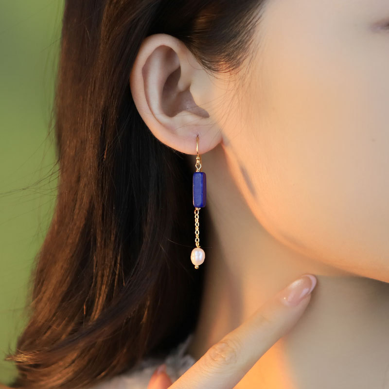 XlentAg diseño original lapis lazuli natural agua dulce pendientes de perlas temperamento pendientes retro de alta sensación pendientes