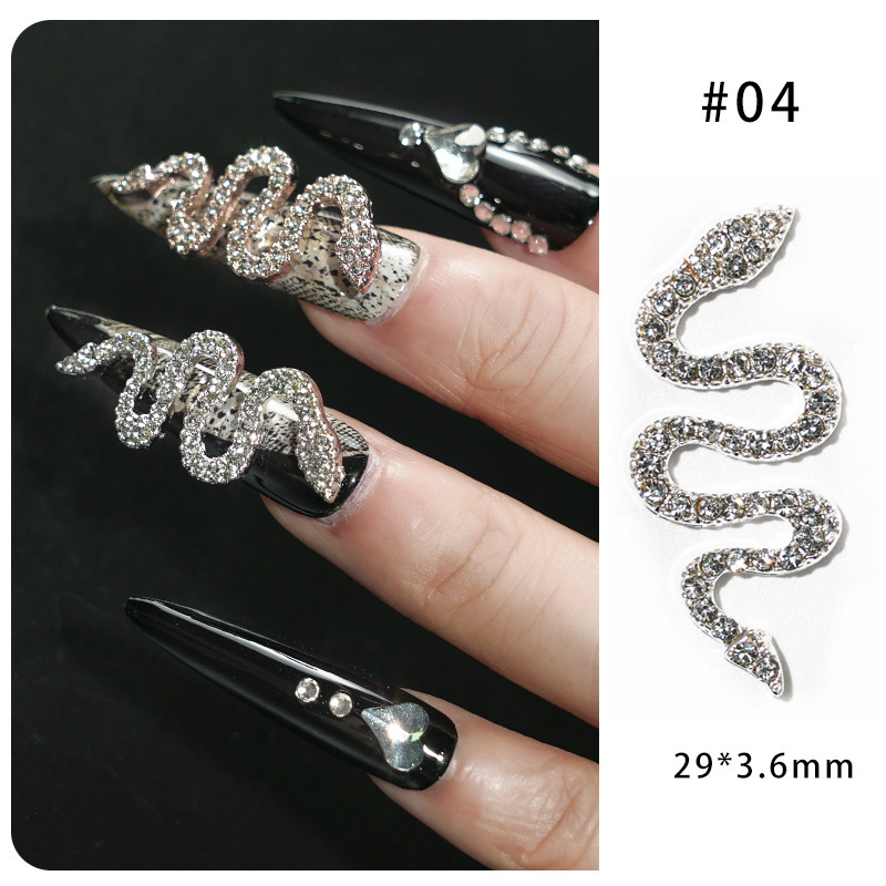 Aleación de uñas serpiente incrustada en diamantes accesorios de uñas tridimensionales Diamante de uñas joyas de metal oro plata diamante accesorios de uñas