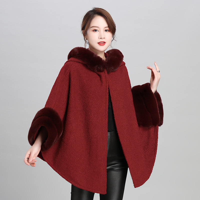 Autumn and winter New plus size loose faux fur collar fleece-lined hooded cardigan Cape shawl woolen coat for women 0844#