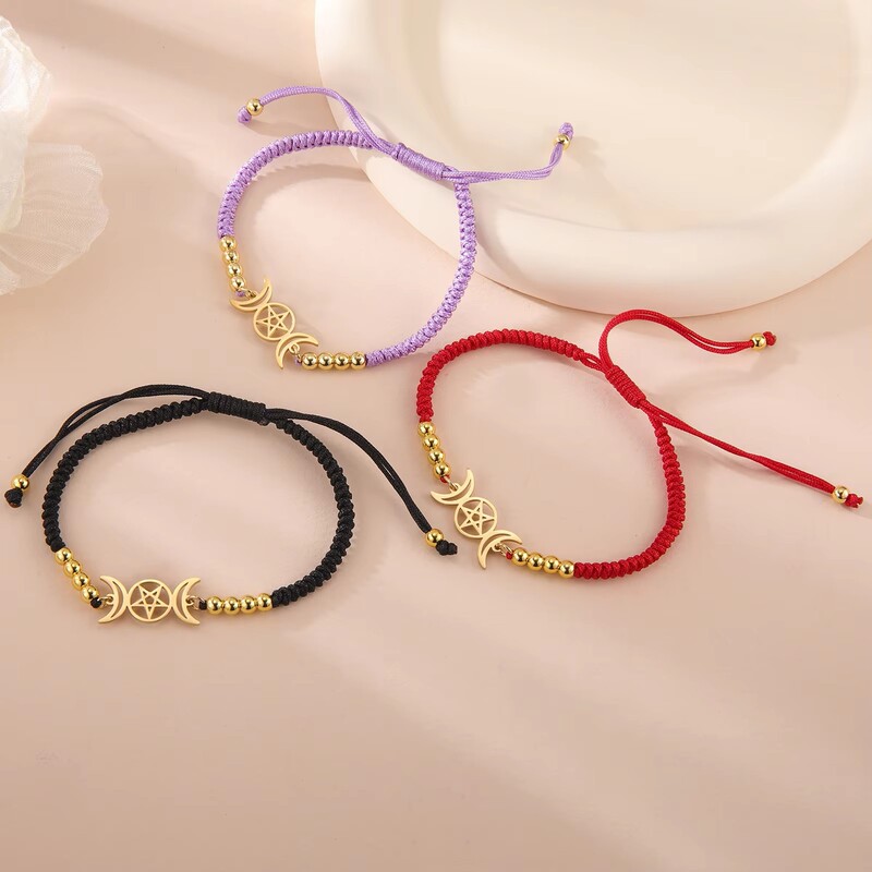Stainless Steel Triple Moon Goddess Charm Bracelet Double Moon Five-pointed Star Sorcery Rope Bracelet Magic Jewelry Gift