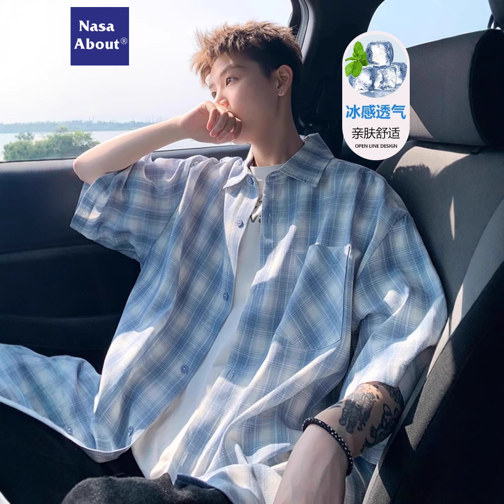 Nasa's New American Plaid Short-Sleeved Shirt Men's Summer Loose Casual Shirt Lazy Style Trendyy Jacket