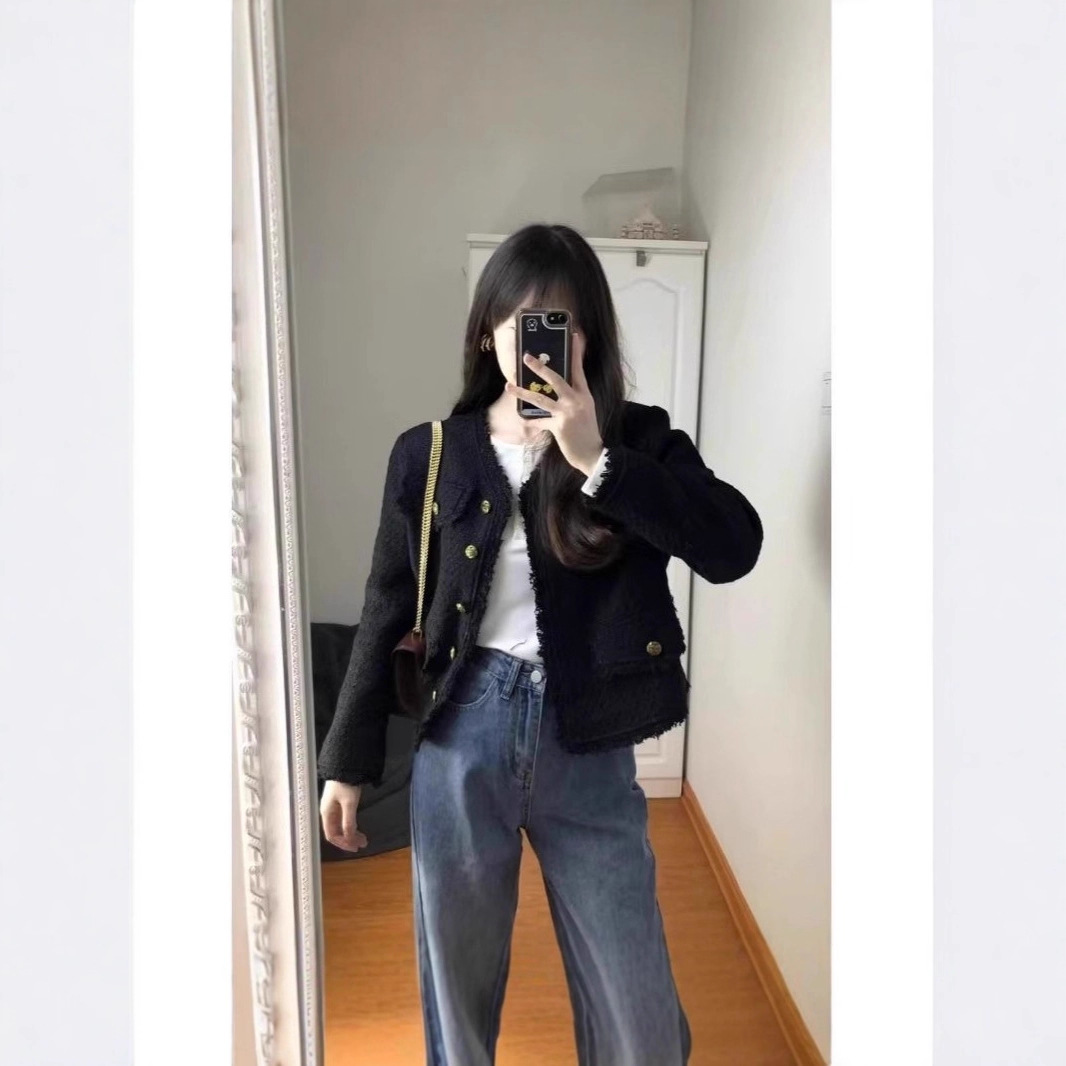 Autumn and Winter Black Chanel-Style Jacket for Women, Spring and Autumn Design with a Niche and High-End Feel, Short Tweed Top