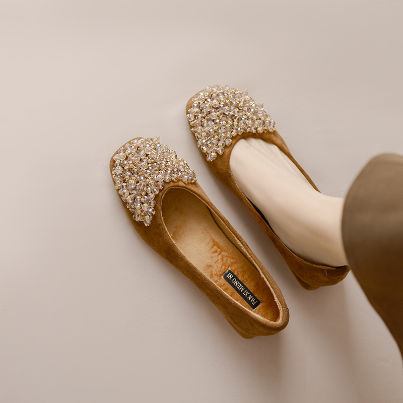 916-1 Fleece-Lined Autumn Rhinestone Flat Shoes, Soft-Soled Single Shoes for Women, Shallow Square Toe, Chunky Heel, Paired with Skirts, Women's Shoes