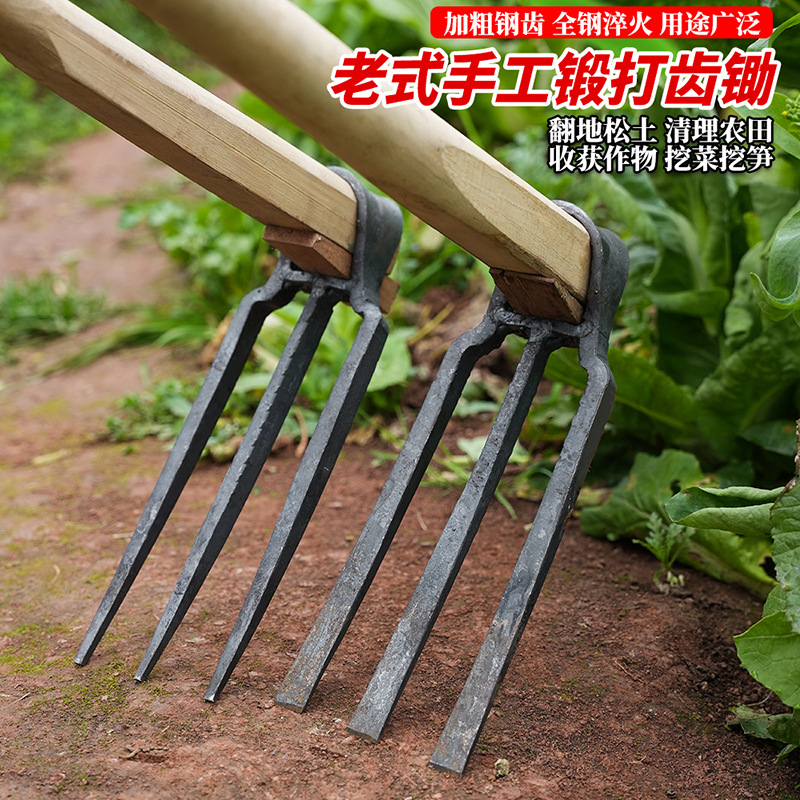 批发铁耙锄四齿锄头园艺扁尖农用宽窄耙子松土种植农具2齿3齿锄头