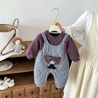 韩版婴儿衣服深秋加绒卫衣套装超萌男女宝宝夹棉背带裤秋冬两件套