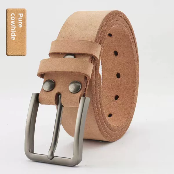 Men's Leather Belt with Pin Buckle, Natural Color, 100% Genuine Leather, First-Grade Cowhide, Without Buckle Head