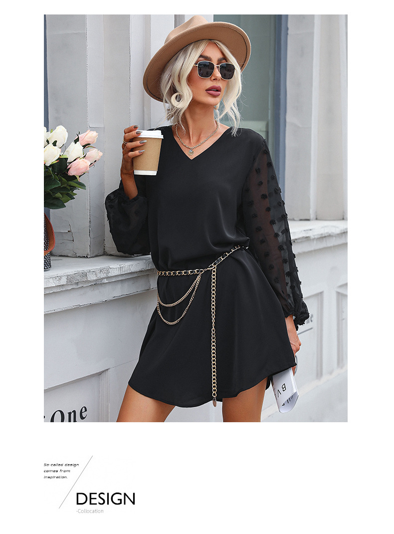 Black See-Through Jacquard Long-Sleeved V-Neck Dress NSDMB104550