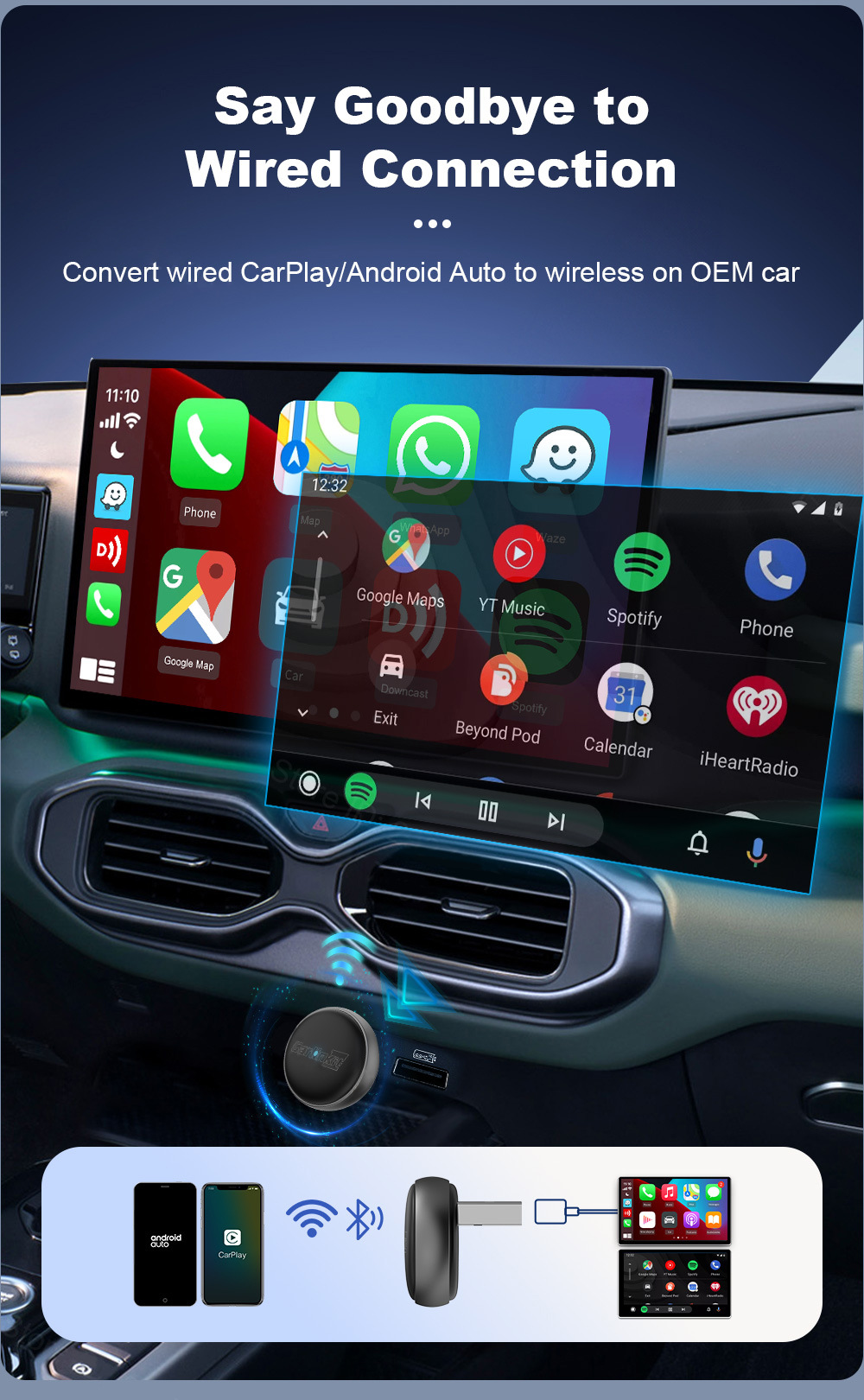 Cross-border factory source: CarPlay wired to wireless Android Auto portable smart car connectivity box