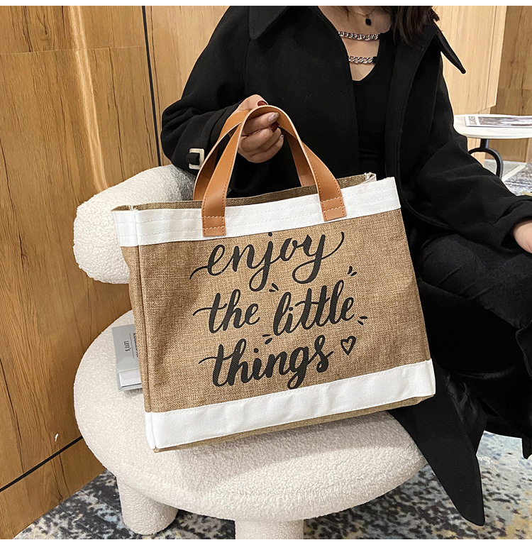 360g Weight Open Closure Type Top Handle Strap Type Tote Bag Bags Type Casual, Daily Occasion cotton and linen Material Letter Pattern All Seasons Season Women's Gender Basic, Classic Style Style Square Shape Large Size Women's Large Cotton And Linen Letter Basic Classic Style Square Open Tote Bag 9