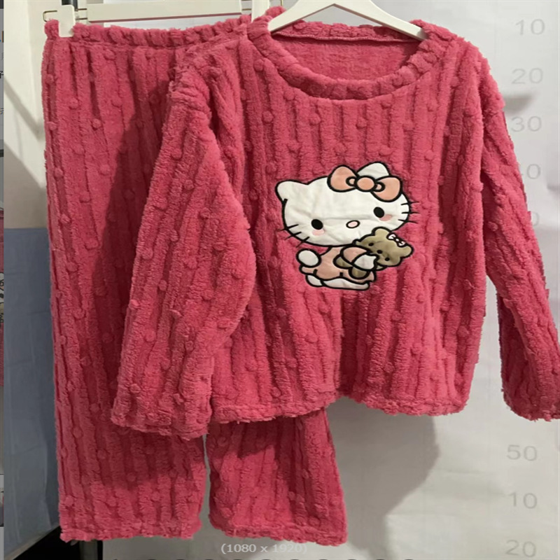 秋冬季珊瑚绒睡衣套装女加绒加厚家居服时尚可外穿法兰绒开衫睡袍|undefined