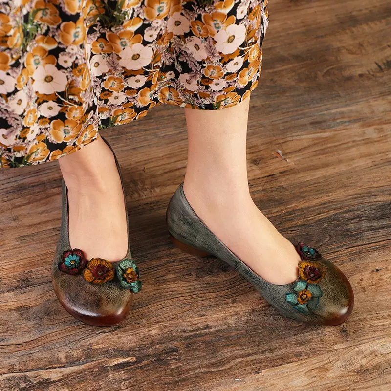 春夏季民族风真皮单鞋复古妈妈鞋舒适百搭文艺浅口单鞋厂家批发