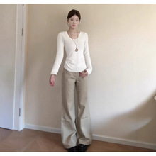 白色内搭打底衫长袖修身秋季正肩上衣女t恤u领低领外穿早秋穿搭薄