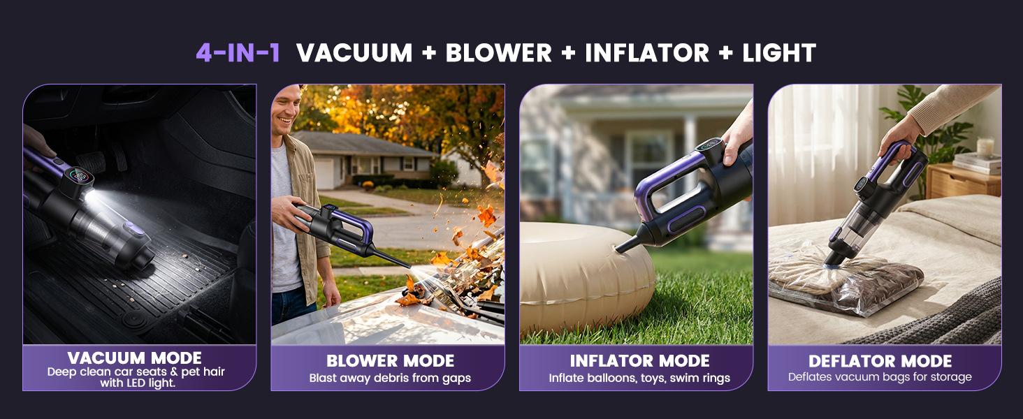 Car vacuum cleaner, brushless, high-power, super strong, two-speed adjustment, power display, handheld, blow-suction integrated, suitable for both home and car use
