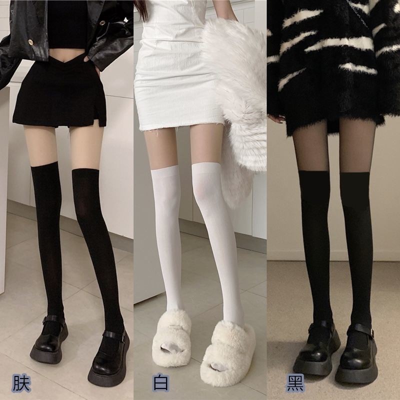 Spliced White Stockings Japanese Style Jk Fake Calf Socks Women's Spring and Summer Thin Stockings Lolita Over-The-Knee Black Stockings