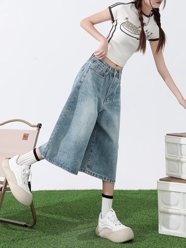 Jeans for women, summer, light-colored large size, seven-cent, 2025 new style, thin, loose, high-waist, light-colored straight, wide-leg pants for women