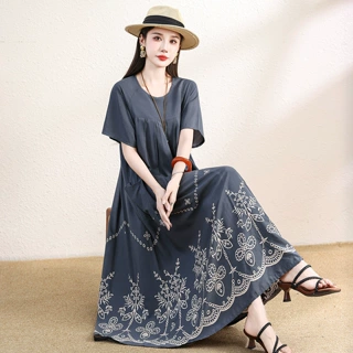 高端新款中老年女装棉绸裙子妈妈夏季人造棉碎花小个子穿搭连衣裙