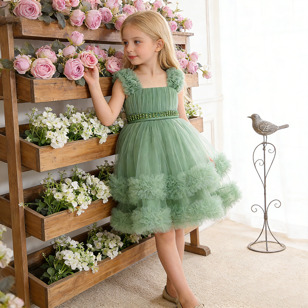 Vestido de malla para niños al por mayor exclusivo transfronterizo, vestido de princesa hinchado, vestido de ropa para niños grandes, ropa de un año para niñas