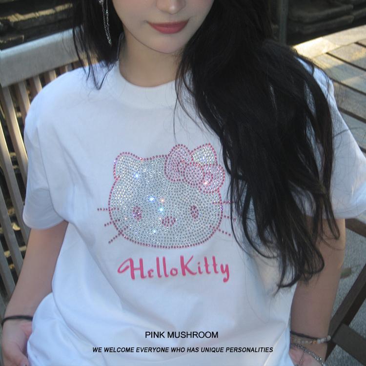Hello Kitty Cat Hot Drilling Short-sleeved T-shirt Women's European and American Cute Students Casual Trendy Brand Women's Mid-length Top