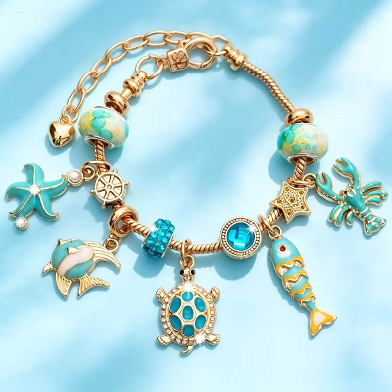 Panjia Style Underwater World Multi-Pendant Bracelet Fresh Blue Oil Drop Marine Life DIY Beaded Bracelet Gift for Girlfriends