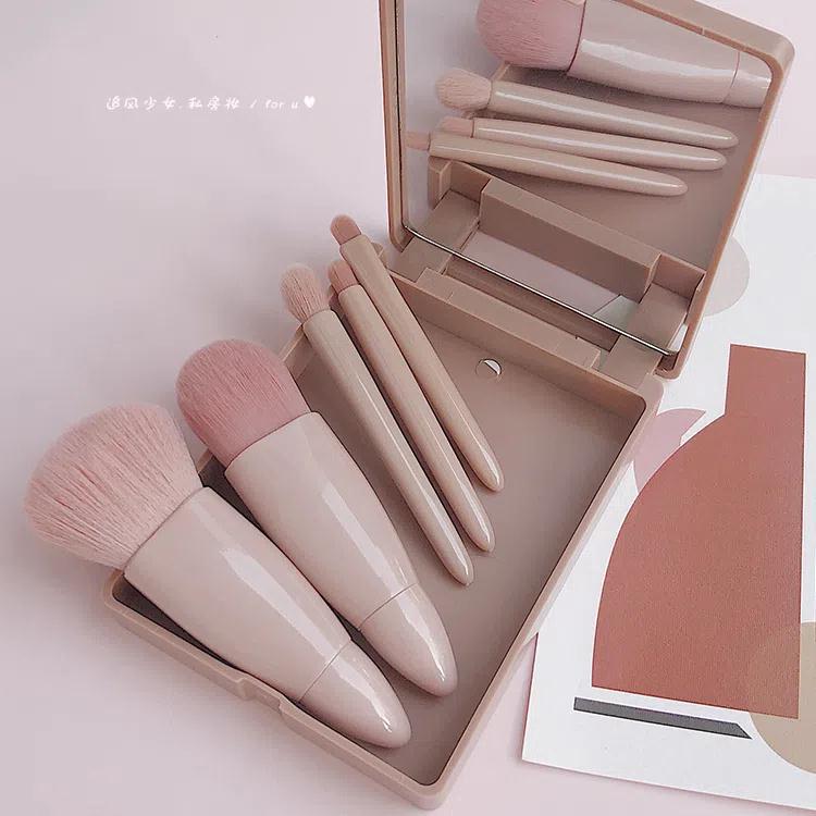 5-piece makeup brush set, eyeshadow, blush, lip brush, loose powder brush, portable with mirror, beauty tools for cross-border use details Picture