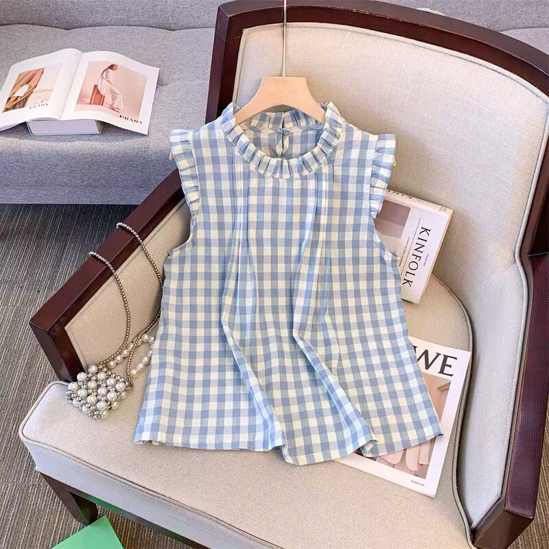Korean Style Women's Summer Blue Sleeveless Vest with Wood-ear Collar Plaid Shirt for Women