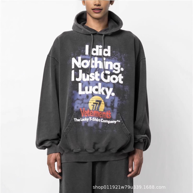 Vetements Lucky 777 Hip-Hop Vintage Hooded Sweatshirt Lucky Loose-Fitting Pullover Top for Men and Women Vetements Lucky 777 Hip-Hop Vintage Hooded Sweatshirt Lucky Loose-Fitting Pullover Top for Men and Women