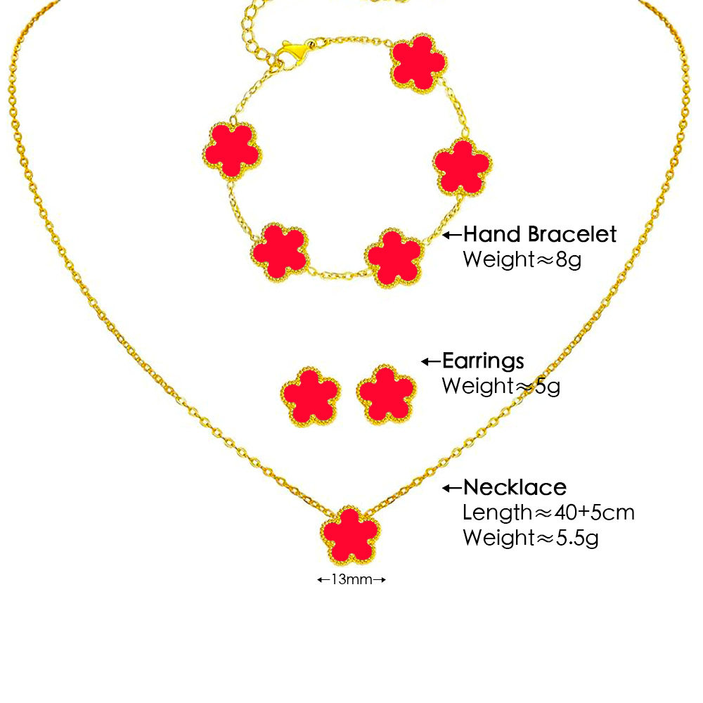 Simple elegante traje de la joyería de La Flor de cinco hojas trébol láser titanio acero ciruela flor moda todo partido en línea rojo joyería de moda