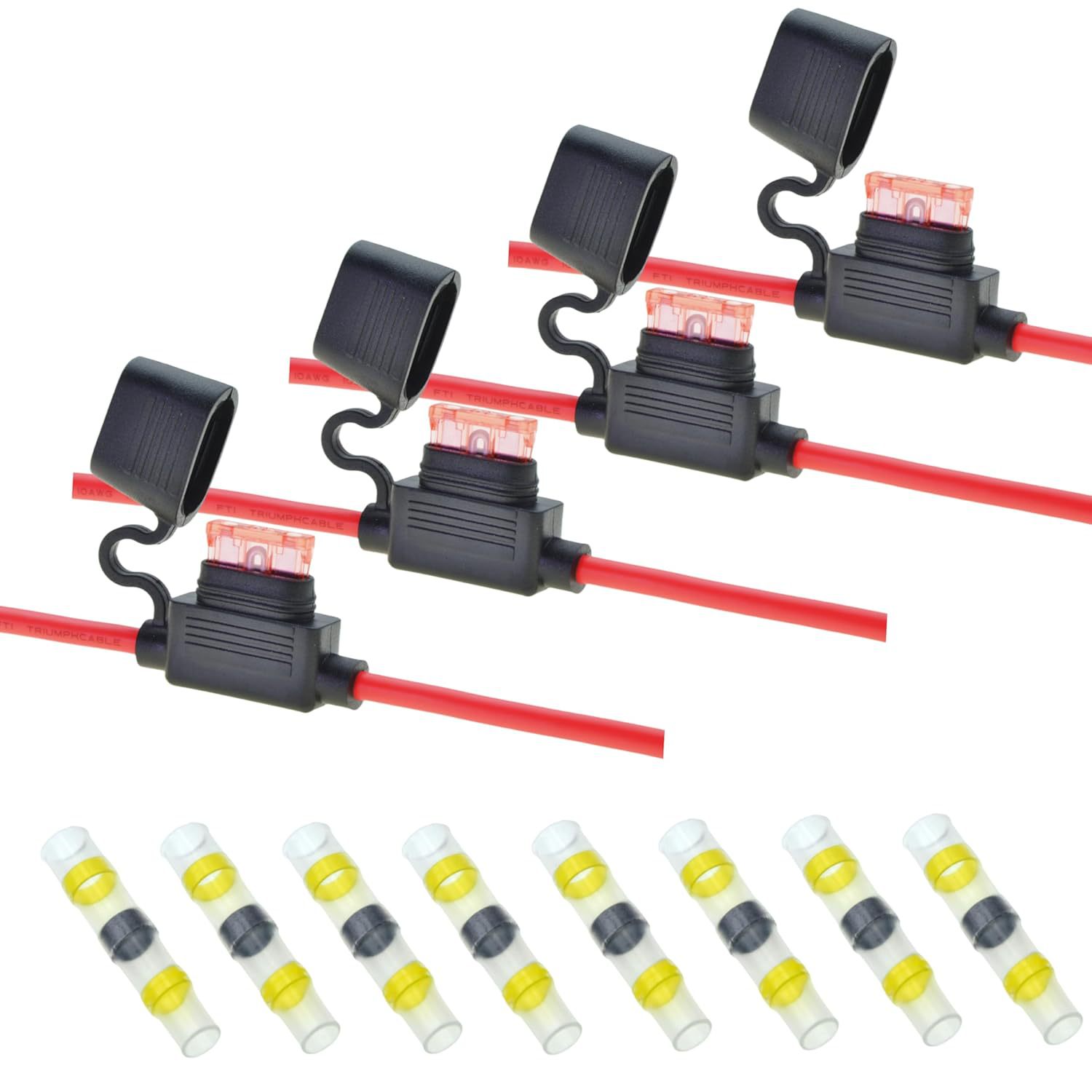 Awilzzoe 4pack 10 Gauge Fuse Holder +8Pcs 10 AWG Heat Shrink