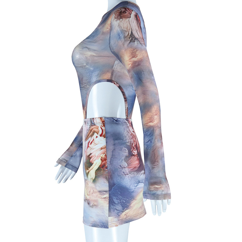 Tight Set round Neck See through Long Sleeve Jumpsuit Character Printed Hip Skirt Two Piece Suit Women