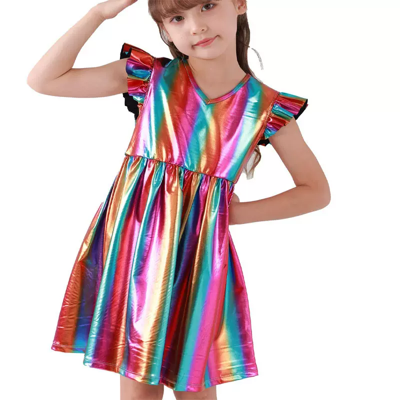 跨境欧美 儿童连衣裙 生日拍照 pv彩虹条连衣裙 儿童大裙摆连衣裙