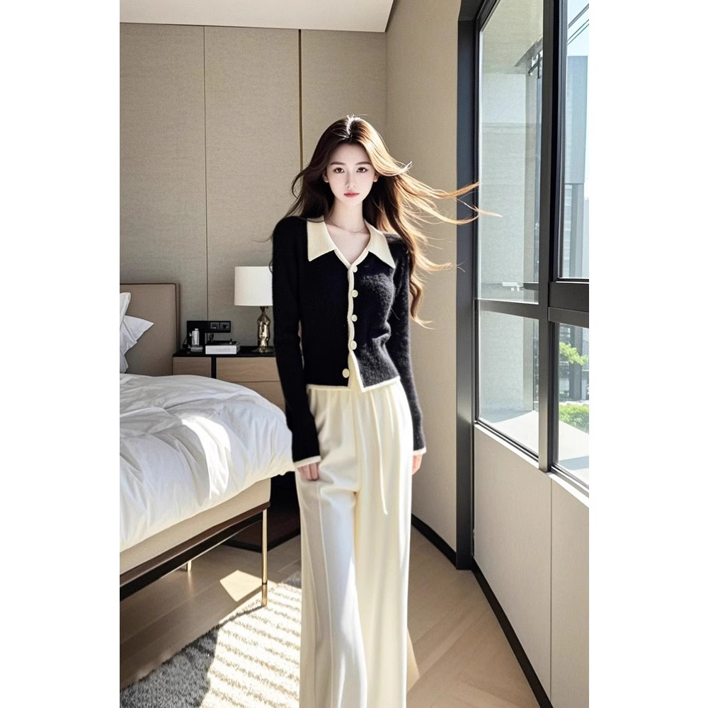 가을은 세트 겨울 통근 검은 색 대비 스웨터 넓은 다리 바지를 일하기 위해 세련된 외국식 여성 의류 세트를 착용하십시오.