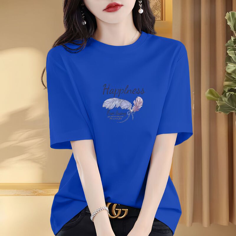 Summer Popular Blue Cotton Short-Sleeved T-Shirt New Style Western-Style Right Shoulder Half-Sleeved Loose Large Size Round Neck Printed Top I