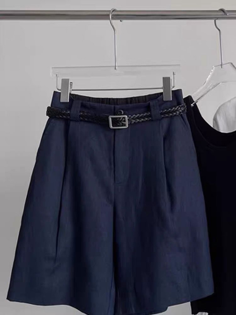 Quần short nữ cạp cao vải lanh cotton mùa hè dáng rộng thoải mái — màu xanh navy