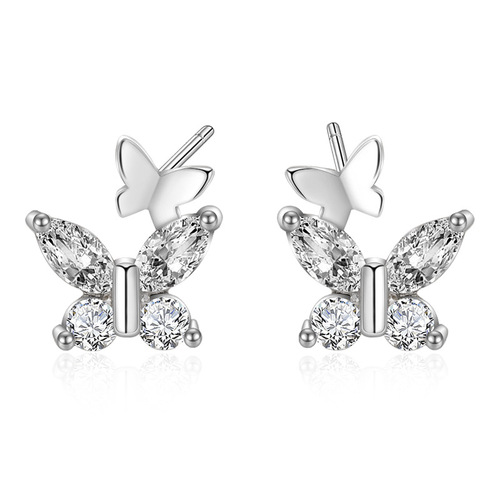 Higu E1517 S999 Silver Minimalist Fresh Zircon Double Butterfly Earrings for Women, Elegant & Unique Summer Ear Accessories