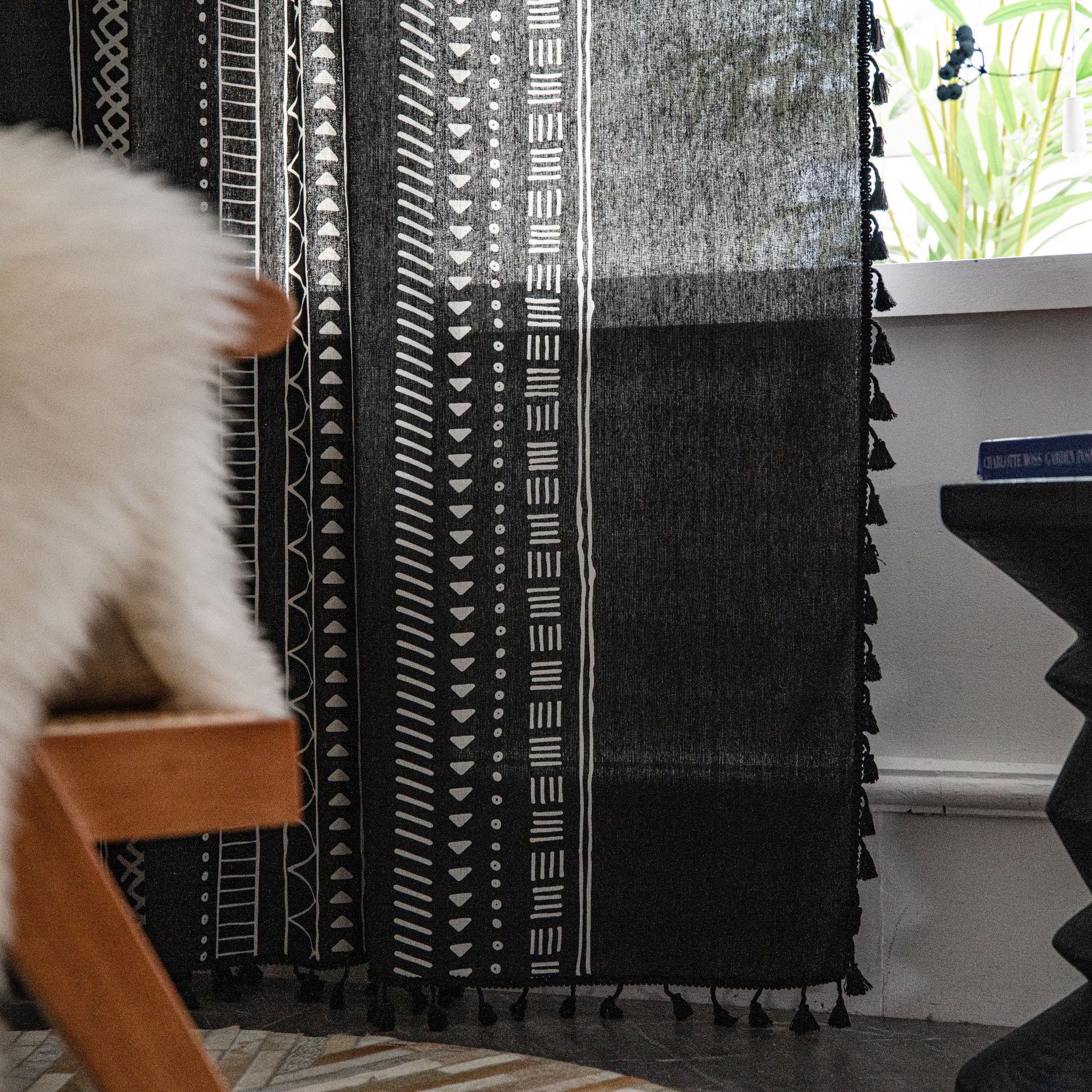 伊缦琪韵窗帘成品棉麻厨房窗帘部落格风格黑白印花飘窗窗帘