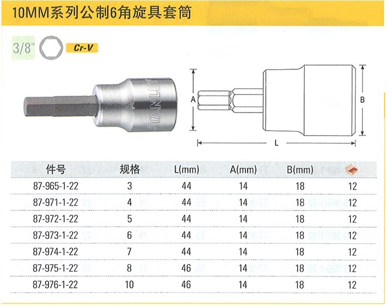 总代理批发Stanley史丹利10MM系列公制6角旋具套筒87-965-1-22