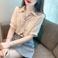 感法式气质领带衬衫女短袖雪纺上衣2025新款夏季正肩显瘦衬衣优雅