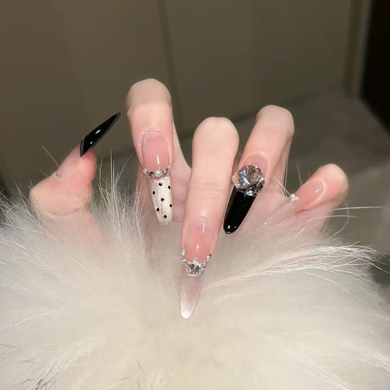 Wearable Nails Pure Handmade 4cm Long Nude Cat Eye Fake Nails High-End Polka Dot Black Champagne Manicure