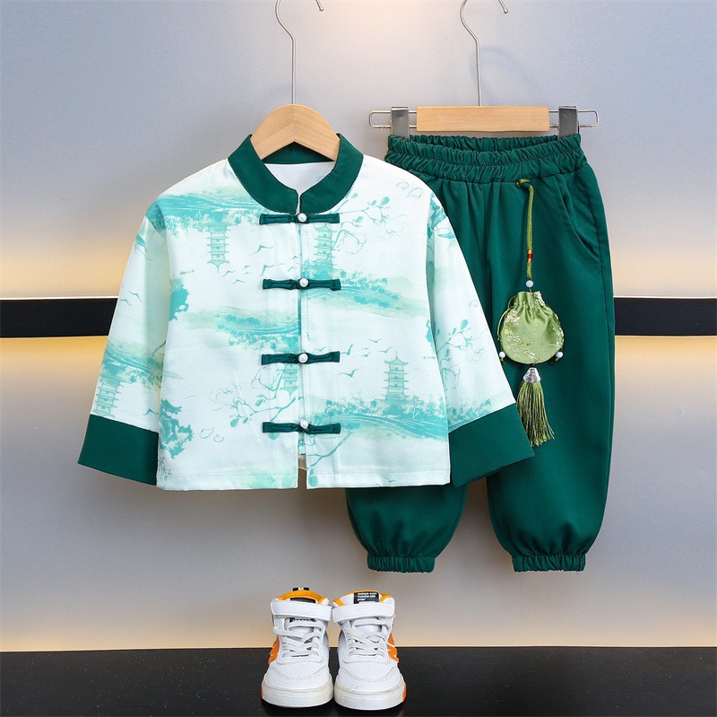 Children's Costume Boy's Hanfu Spring Dress Set 2024 New Ancient Style Spring Tang Suit Boy Spring Item Middle Child Chinese Style