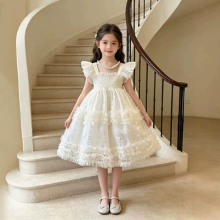 2026款夏女童飞袖亮片网纱公主裙多层荷叶边花童生气蓬蓬礼服裙潮