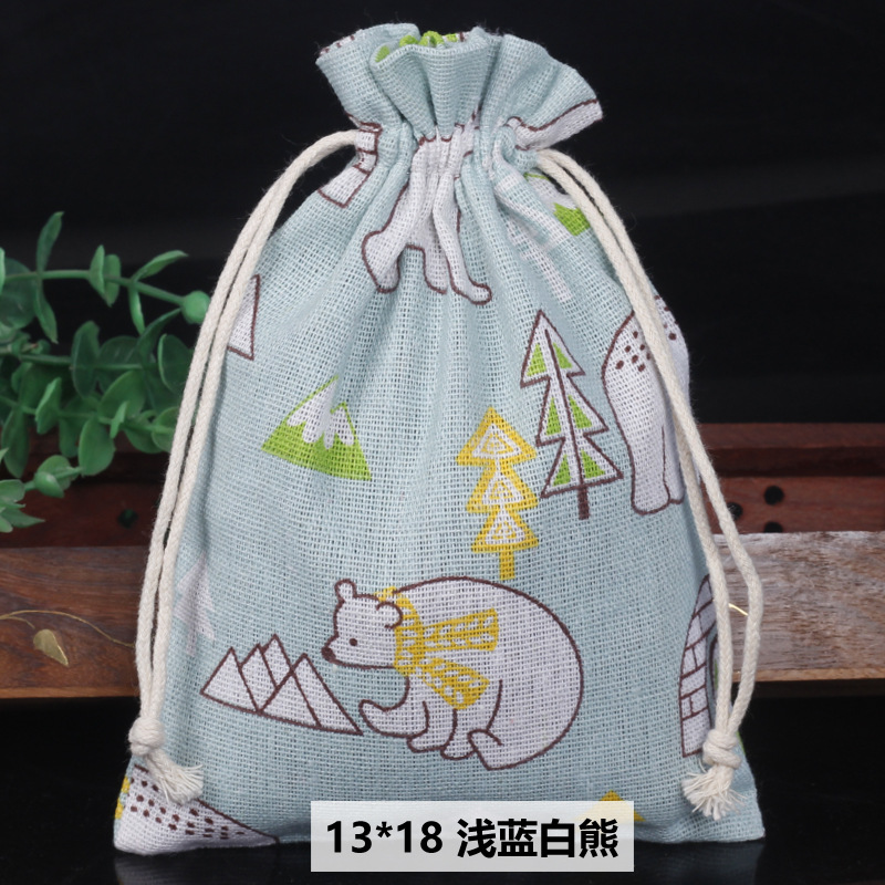 Ventas calientes de impresión de paquetes de cuerda de dibujo bolsas de impresión logotipo de lino bolsa de tela para el medio ambiente bolsa de almacenamiento de artículos 13 * 18
