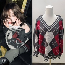 长期现货2025秋冬赵露思同款菱格针织衫连帽宽松中长款格子毛衣女