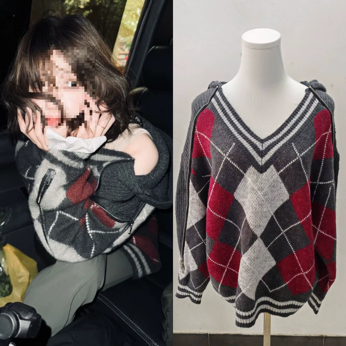 Вязаный свитер с капюшоном в стиле Чжао Луси, осенне-зимний 2025, с ромбовидным узором, свободный, средней длины, в клетку, для женщин, в наличии на длительное время