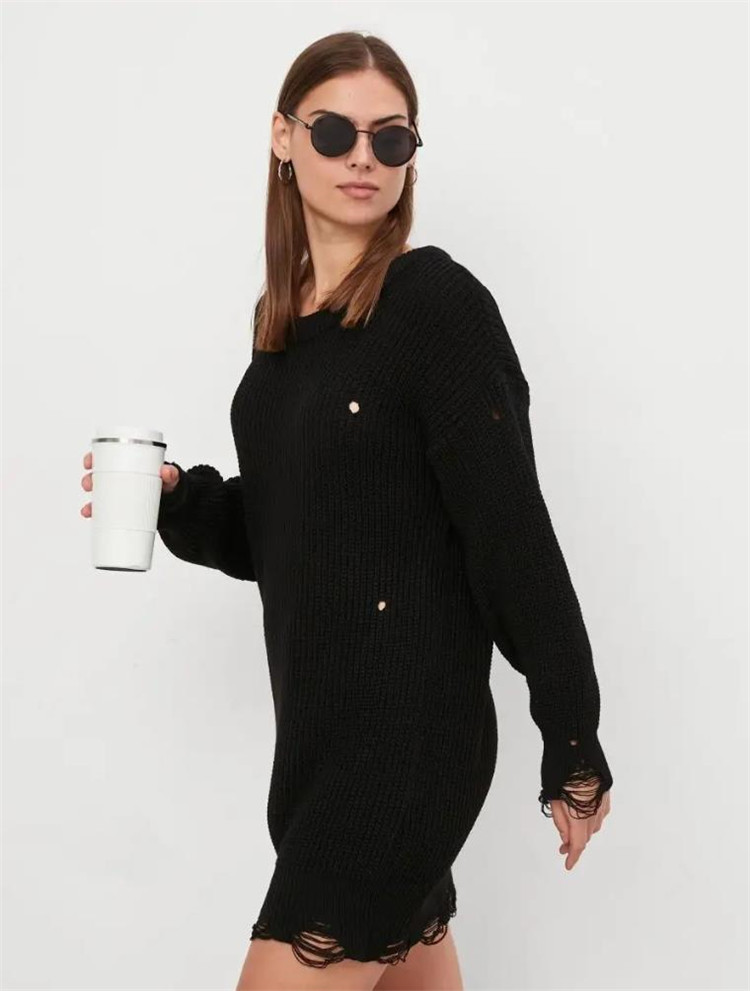 Maglione traforato ampio in tinta unita, lunghezza media, nuovo articolo autunno/inverno 2024, pullover girocollo, maniche lunghe_voghion.com